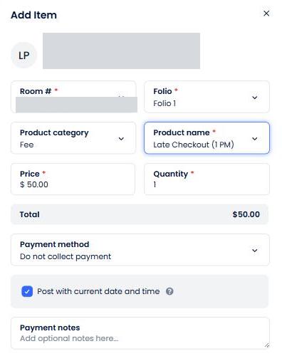 Add Item panel filled in: category Fee, Late Checkout (1 PM), price 50.00